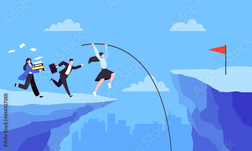 Business people runs and jumps pole vault over graph bars flat style design vector illustration business concept. Business growth and goal achievement concept.