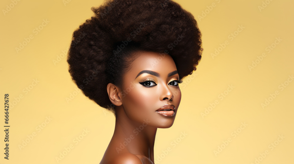 Portrait of young african woman with curly afro hair. Hair care, make-up and hair health Portrait of young african woman with curly afro hair. Hair care, make-up and hair health