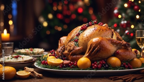 A Golden-Brown 
Roasted Turkey Takes Center Stage on a Christmas Feast Table. Perfect for your holiday  photo