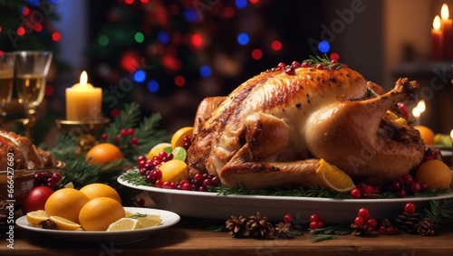 A Golden-Brown Roasted Turkey Takes Center Stage on a Christmas Feast Table. Perfect for your holiday 