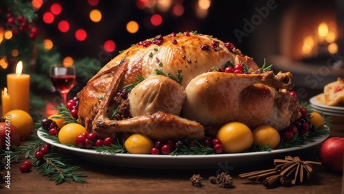 A Golden-Brown 
Roasted Turkey Takes Center Stage on a Christmas Feast Table. Perfect for your holiday 