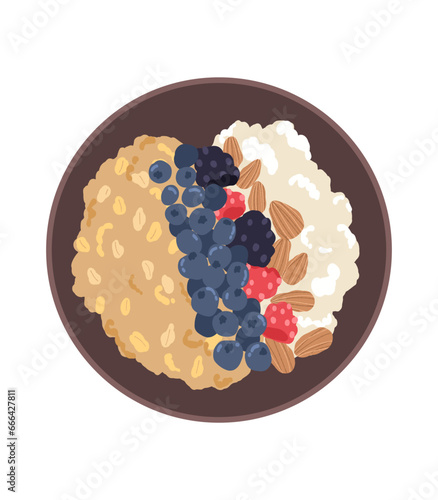 Oatmeal, rolled oats illustration. Healthy Breakfast porridge with berries and nuts. Organic products