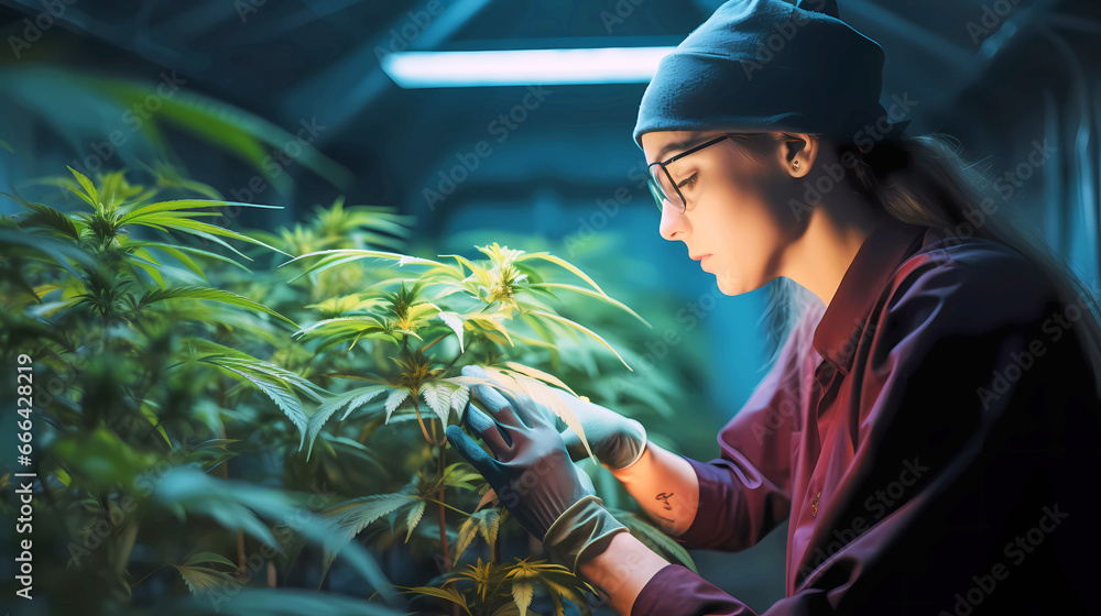 A female wearing gloves picking weeds from cannabis plant - obrazy, fototapety, plakaty 