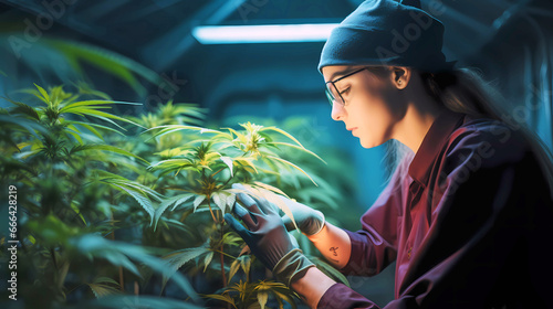 A female wearing gloves picking weeds from cannabis plant