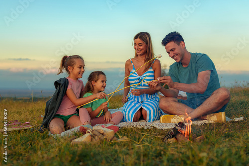 A happy family makes marshmallows by the fire, blended family bounding together. Stepfather teaching his stepdaughter to make marshmallows photo