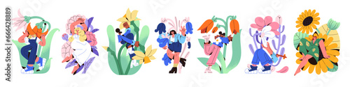 People with big flowers set. Different tiny girls rest, hug, holding, sitting on abstract plants. Garden flora: tulip, sunflower. Bloom nature. Flat isolated vector illustration on white background