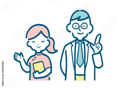 案内をする医師と看護師のシンプルなイラスト