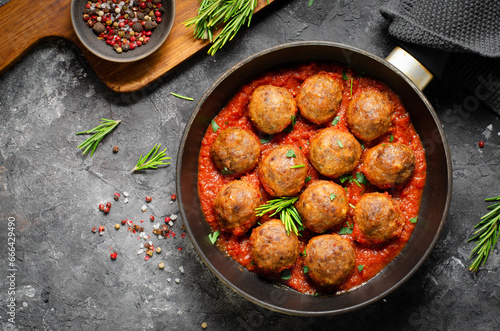 Meatballs in Tomato Sauce, Homemade Meatballs in a Pan on Dark Background