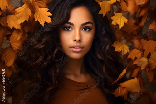 Beautiful young woman with autumn leaves.