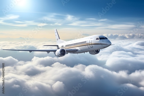 Business private jet airplane flying on a high altitude above the clouds.