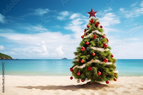 Christmas tree on the sand beach. Summer Xmas vacation background.