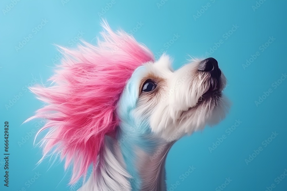 Funny dog in pink wig on blue background. - obrazy, fototapety, plakaty 