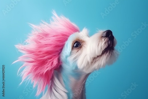 Funny dog in pink wig on blue background. photo
