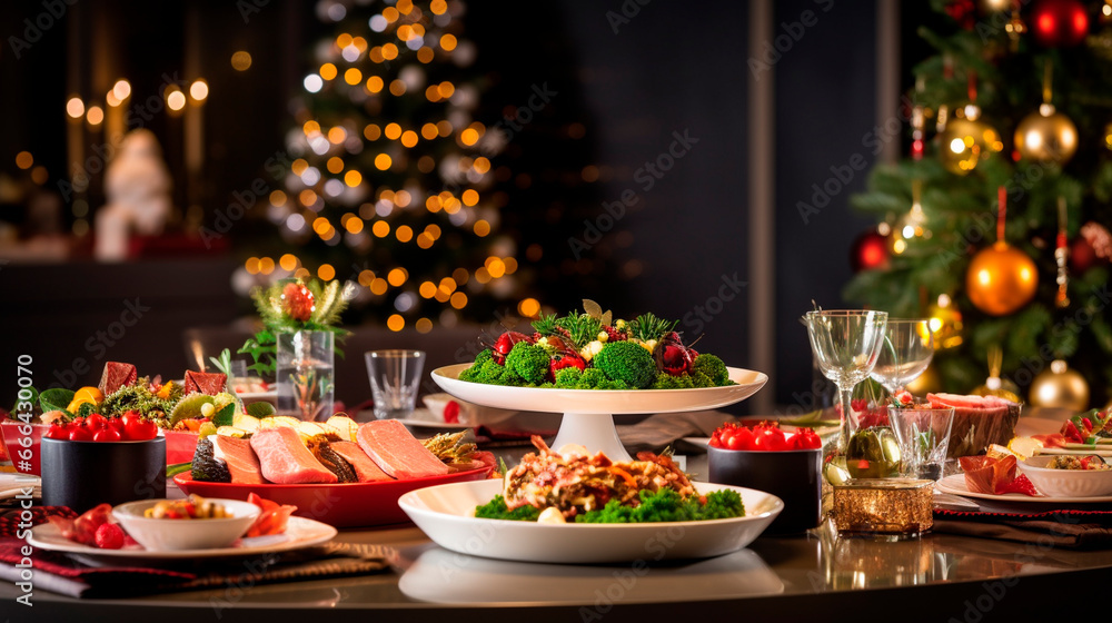 Beautiful Christmas table full of food. Generative AI,