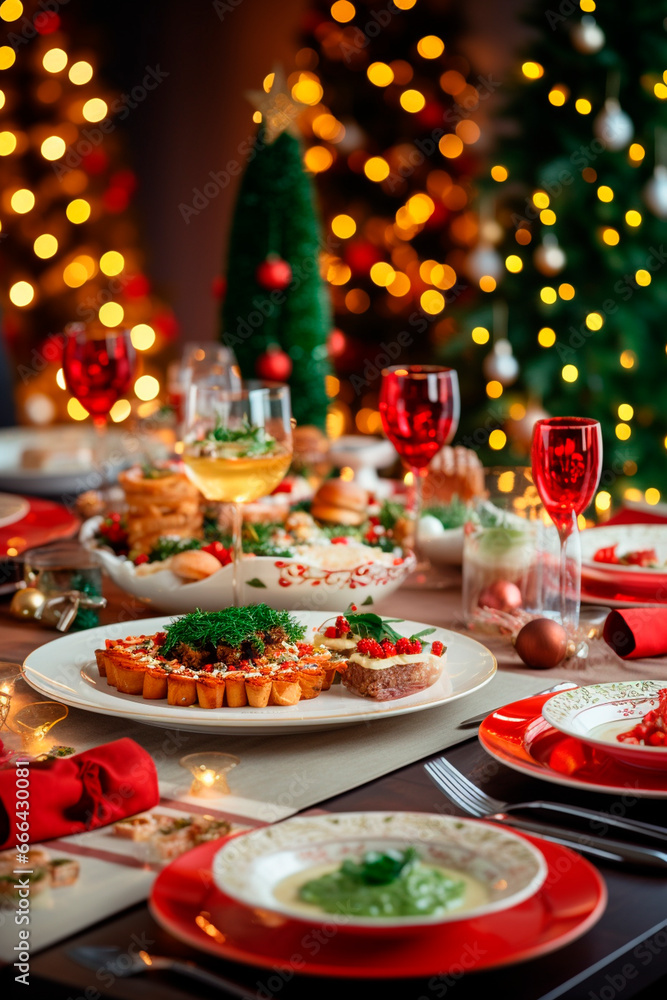 Beautiful Christmas table full of food. Generative AI, Beautiful Christmas table full of food. Generative AI,