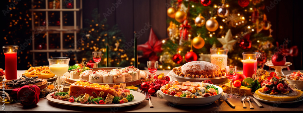 Beautiful Christmas table full of food. Generative AI, Beautiful Christmas table full of food. Generative AI,