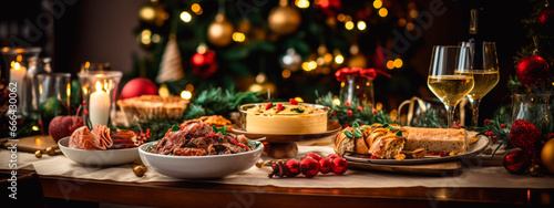 Beautiful Christmas table full of food. Generative AI, © Erik