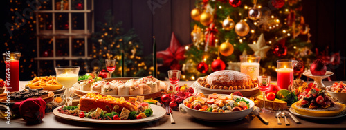 Beautiful Christmas table full of food. Generative AI,