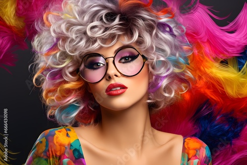 Portrait of beautiful party woman in wig and glasses Carnival party.