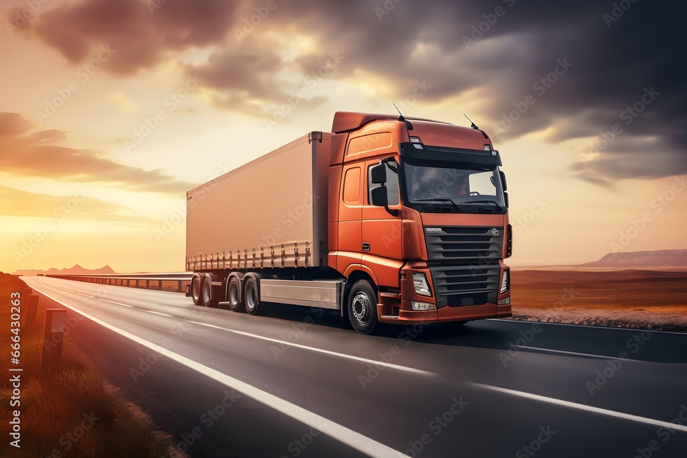 Truck with container on highway. Cargo transportation. Truck with container on highway. Cargo transportation.