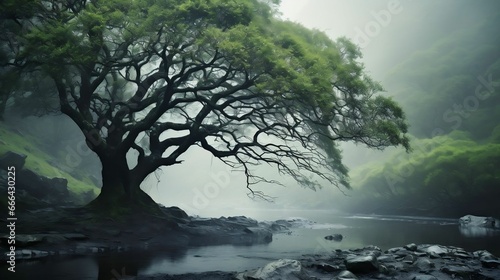A tree shrouded in mist, its branches mysterious  © Abdul