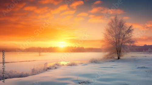 Beautiful winter landscape with snow and a sunrise