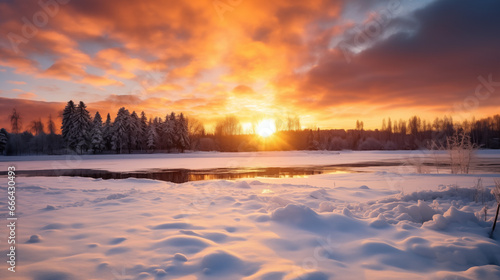 Beautiful winter landscape with snow, a frozen lake and a sunset
