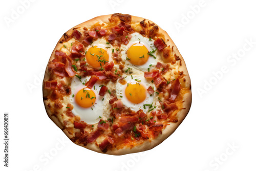 Traditional Italian breakfast pizza with egg and ham isolated on background, cutout