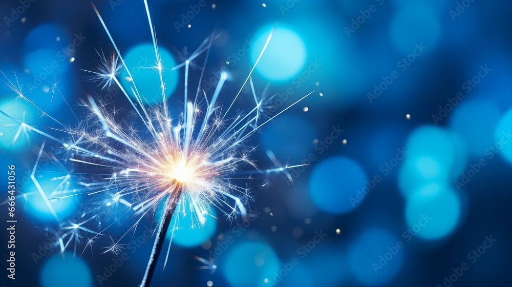 new years eve fireworks sparkler on a blue blurred background - obrazy, fototapety, plakaty 