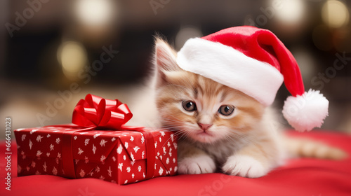 Cute kitten wearing a santa hat and lying next to a christmas present