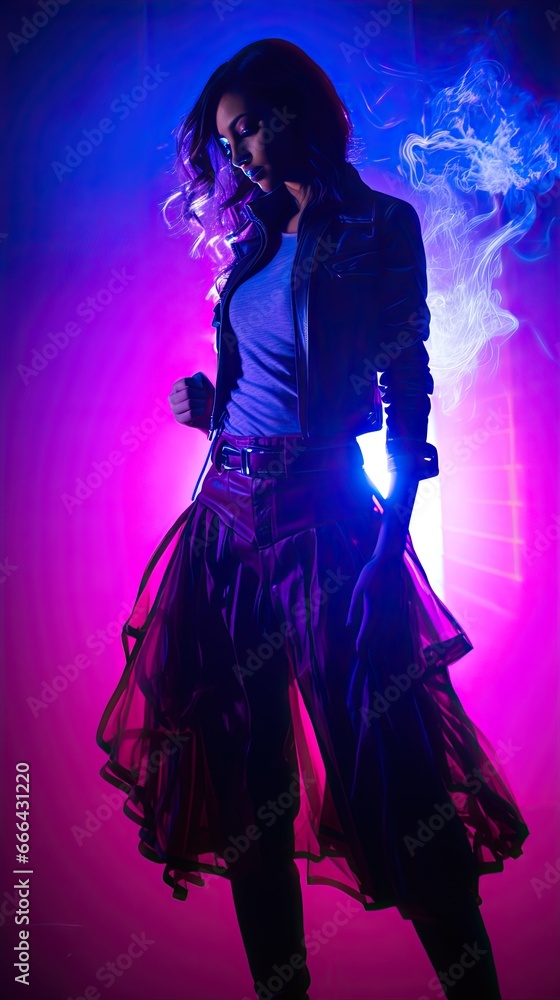 Fototapeta premium Model in an ensemble with integrated LEDs, backlit by radiant magenta smoke