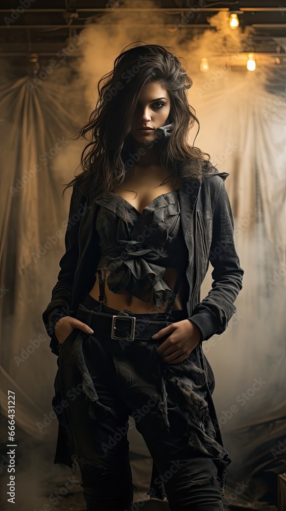 Model showcasing a post-apocalyptic theme, with dramatic grey and black smoke