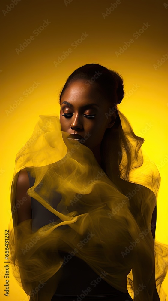 Model showcasing an AI-inspired look, with yellow smoke tendrils enveloping from behind Model showcasing an AI-inspired look, with yellow smoke tendrils enveloping from behind