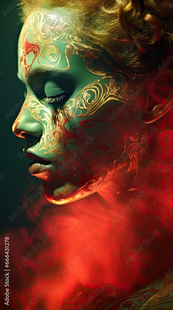 Model with digital projections on skin, highlighted by swirling red and gold smoke