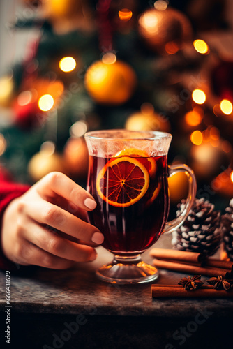 Christmas mulled wine in the hands of a woman. Generative AI,