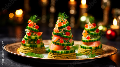 Christmas tree appetizer made from cucumber and red fish. Generative AI,