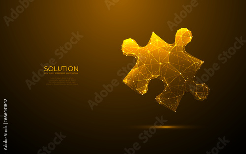 Digital single puzzle. Technology light jigsaw piece on dark background. Low poly wireframe vector illustration in futuristic style with golden glitter. Abstract business solution metaphor. Monochrome