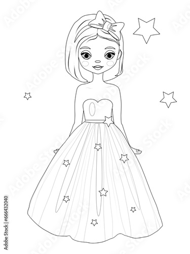 Princess coloring book.Coloring page with cute cartoon girl.Coloring princess, fairy girl with stars, doll. Coloring book for children. For adult