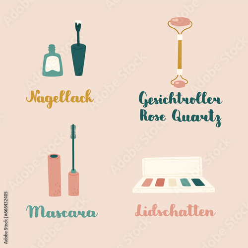 Beauty products variety. "Nagellack, Gesichtroller Rose Quartz, Mascara, Lidschatten" means "Nailpolish, rose quartz roller, mascara, eyeshadow". Beauty concept. Vector hand drawn illustration