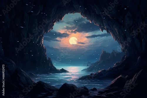 A cave with a hole showing the night sky above a horizon - artistic rendering. Generative AI