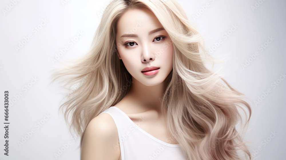 Portrait of Korean woman with long wavy blonde hair. Hair care, make-up and hair health Portrait of Korean woman with long wavy blonde hair. Hair care, make-up and hair health