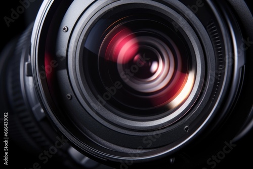 black movie camera lens, close up, front view