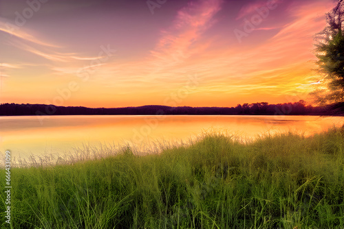 A serene and peaceful image of a lake at sunset  with grasses in the foreground. The water is calm  and the sky is ablaze with color. 