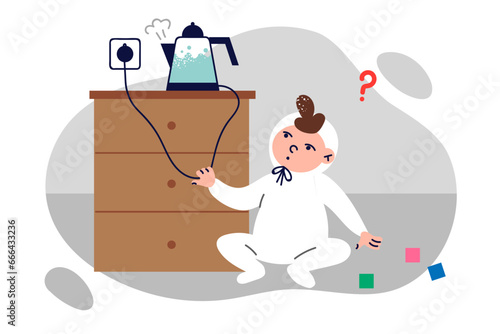 Baby pulls kettle wire sitting on floor and risks getting burned due to carelessness of parents