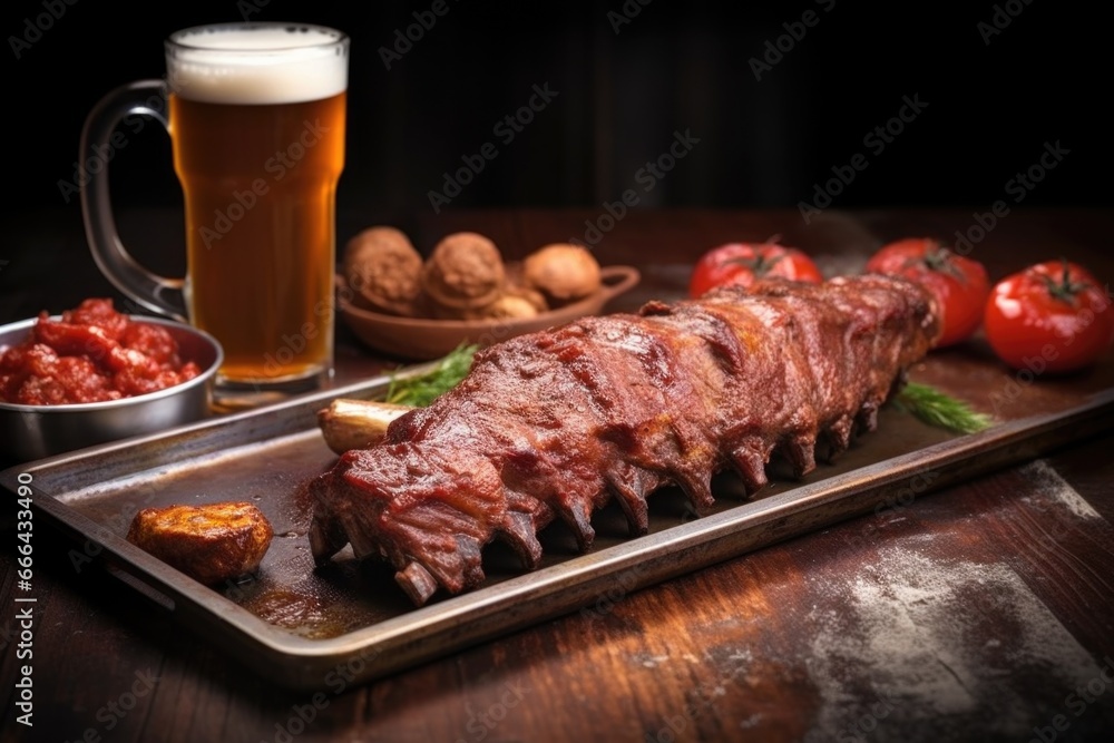 full glass of amber ale with bottle next to smoked ribs on a tray full glass of amber ale with bottle next to smoked ribs on a tray