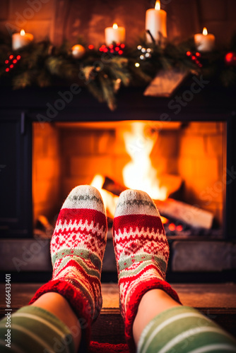 knitted socks on the feet against the background of the Christmas fireplace. Generative AI,