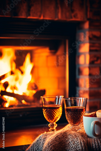 People drink wine together near the fireplace. Generative AI,