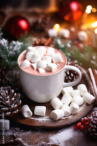 Christmas cup of cocoa with marshmallows. Generative AI,