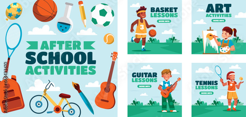 Flat after-school activities for children social media posts collection