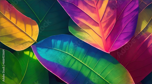 Tropical vivid vibrant color background with exotic painted tropical leaves